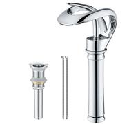 AUU Elegant Bathroom Sink Faucet 1 Hole Waterfall Tall Vessel Sink Faucet Solid Brass Chrome Finish,Pop Up Drian Included
