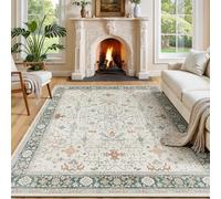 AUWUUA 150x250cm(5×8.2ft) Area Rugs for Living Room, Machine Washable Non Slip Vintage Floral Rug for Bedroom, Soft Low Pile Carpet for Kitchen Under Dining Table, Cream Green