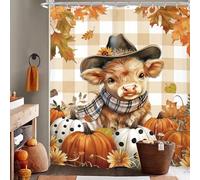 AUWUUA Autumn Fall Pumpkin Highland Cow Shower Curtain 83x83in-210x210cm Orange Cute Funny Farmhouse Animal Maple Harvest Thanksgiving Waterproof Shower Curtains for Bathroom Stall Bathtubs Decor