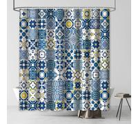 AUWUUA Blue and Yellow Tiles Shower Curtain 34x79in-86x200cm Abstract Retro Morocco Mosaic Geometry Floral Bathroom Decoration, Polyester Fabric Waterproof Bath Curtain for Restroom Bathtub