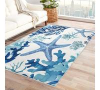 AUWUUA Blue Coral Coastal Area Rug for Kids Bedroom 100x150cm(3.3×5ft) Beach Starfish Shell Washable Non Slip Bathroom Rugs, Absorbent Kitchen Floor Mats, Ocean Beach Theme for Living Room Bedroom