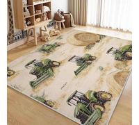 AUWUUA Cartoon Green Tractor Rug 200x250cm(6.6×8.2ft) Mud Yellow Country-Themed Washable Non-slip Floor Mat Carpet for Nursery, Kids, Girls, Boys Room Bedroom Living Room Playroom Entryway