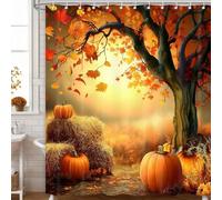AUWUUA Fall Pumpkin Maple Leaf Shower Curtain 45X87in/115x220cm Harvest Thanksgiving Autumn Tree Forest Rustic Halloween Bathroom Curtains Set, Polyester Fabric Waterproof Bath Accessories