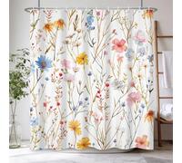 AUWUUA Floral Shower Curtain 69X83in/175x210cm/WxH Spring Flowers Botanical Herbs, Yellow, Blue, Stems, Daisies, Waterproof, Colorful Wildflower Polyester Fabric for Bathroom Bathtub with Hooks
