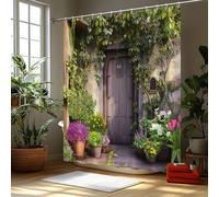 AUWUUA Flower Wood Door Shower Curtain 51x63in-130x160cm Green Vine Leaves Plants Country Rustic Bathroom Curtains Decor, Vintage Italian Greece Scene Machine Washable Waterproof Cloth Fabric