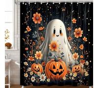 AUWUUA Halloween Shower Curtain 30X75in/75x190cm Cute Spooky Ghost Pumpkin Funny Bathroom Decor Curtain, Rustic Farmhouse Floral Shower Curtains Waterproof Polyester Fabric with Hooks, Black