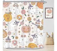 AUWUUA Halloween Shower Curtain 96X72in/244x183cm 70s Groovy Funny Ghost Cute Cartoon Kids Shower Curtain, Autumn Pumpkin Flower Bathroom Curtains, Waterproof Fabric Bath Decor Accessories