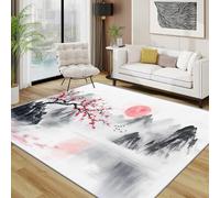 AUWUUA Japanese Cherry Blossom Rug for Bedroom 80x150cm(2.6×5ft) Chinese Ink Painting Living Room Rugs, Sun and Mountain Non-Slip Washable Carpet for Entrance Dining Room Kitchen Home Office