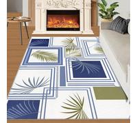 AUWUUA Mid Century Geometric Abstract Area Rug for Living Room 150x250cm(5×8.2ft) Tropical Leaves Blue Bordered Non-Slip Mat Carpet for Kids Teen Dorm Study Office Classroom, Hallway Runner Rug
