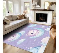 AUWUUA Moon Cat Kids Rug 250x365cm(8.2×12ft) Washable Purple Star Cloud Cute Cat Door Mat, Lovely Animal Print Carpet Anti-slip Floor Mats for Living Room, Girls Bedroom, Playroom, Nursery Decor