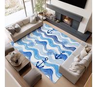 AUWUUA Nautical Anchor Wavy Stripes Washable Living Room Rug 210x270cm(7×9ft) Blue Ocean Marine Theme Soft Non-Slip Floor Carpets for Bedroom Kids Room Dining Room Entryway Doormat, Ultra-Thin