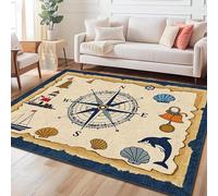 AUWUUA Nautical Compass Area Rug 180x250cm(6×8.2ft) Navy Blue Vintage Lighthouse Whale Shell Washable Living Room Rug, Hallway Kitchen Doormat Non Slip Runner Rugs, Kids Bedroom Accent Carpet
