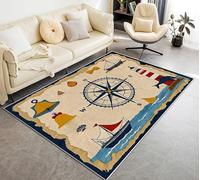 AUWUUA Navy Blue Vintage Nautical Compass Rugs for Bedroom 120x180cm(4×6ft) Cute Lighthouse Sailboat Thin Non Slip Large Carpet for Living Room, Dining Room, Nursery, Kitchen Hallway Runner Rug