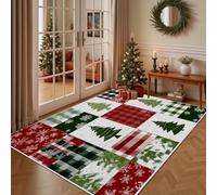 AUWUUA Patchwork Christmas Throw Rugs 210x300cm(7×10ft) Green Red Xmas Tree Plaid Rugs, Low Pile Washable Non-Slip Floor Carpet for Living Room Bedroom