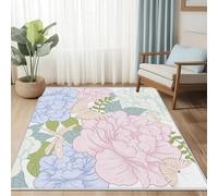 AUWUUA Peony Rug, Spring Plant Floral Area Rug 130x210cm(4.3×7ft) Butterfly Dragonfly Flower Soft Low Pile Non Slip Washable Carpet for Living Room Bedroom Dining Room Entryway Kitchen Door Mat