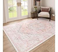 AUWUUA Pink Area Rug 150x200cm(5×6.6ft) Large Oriental Floral Living Room Rugs, Washable Vintage Medallion Rug, Soft Non-Slip Low-Pile Carpet for Girl Room Bedroom Under Dining Table Entryway