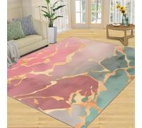 AUWUUA Pink Green Marble Area Rug 60x210cm(2×7ft) Modern Abstract Luxury Gold Texture Washable Non Slip Rugs for Living Room Bedroom, Thin Low-Pile Floor Carpet for Kitchen Entrance Door Mat