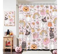 AUWUUA Pink Halloween Shower Curtain 79X87in/200x220cm Cute Cat Pumpkin Ghost Scary Skull Flower Hippie Groovy Waterproof Polyester Cloth Fabric Bathroom Home Decor Set with Hooks