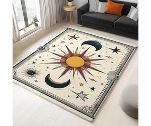 AUWUUA Sun and Moon Decorative Rug 100x150cm(3.3×5ft) Machine Washable Stain Resistant Bohemian Indoor Floor Carpet with Non-Slip Rubber Backing, for Entryway Bedroom Living & Dining Room Cream