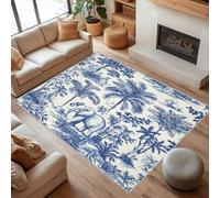 AUWUUA Toile de Jouy Area Rugs 70x160cm(2.3×5.2ft) for Kids Bedroom, Hdrawn Palm Trees Elephant Blue 3D Print Living Room Rug, Soft Non Slip Washable Carpet for Boy Room, Playroom, Nursery