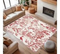 AUWUUA Toile de Jouy Throw Rugs 130x180cm(4.3×6ft) Red Classic French Vintage Botanical Birds Accent Carpet, Washable Soft Low Pile Non Slip Large Area Rug for Living Room, Bedroom, Nursery