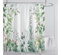 AUWUUA Watercolor Leaf Shower Curtain Sets 79x80in(200x203cm) Sage Green Leaves Botanical Plants with Pink Flowers Floral Bathroom Curtain, Waterproof Fabric Cloth Bathtub Decor with Hooks