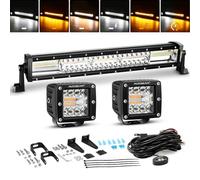 Auxbeam - 22 Inch 120W LED Light Bar 2PCS 3" LED Pods 96W Amber White Fog Light 6 Modes Strobe Lights for Work Truck Flood Combo