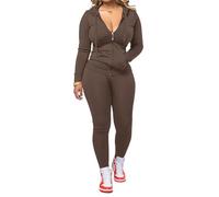 AUXDIO Women 2 Piece Outfits Casual Workout Sets Bodycon Tracksuit Zip Up Long Sleeve Hoodle Jacket Jogger Pants Set, Coffee, Medium