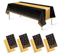 Auxemuen 8Pack Disposable Plastic Tablecloths and Satin Table Runner Set,137x274cm Black Gold Dot Table Cloth Gold Satin Table Runner for Wedding, Birthday, Engagement Christmas Party Supplies