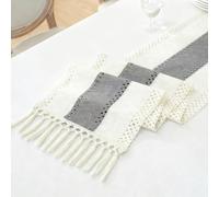 Auxemuen Boho Table Runner for Fall Thanksgiving Home Decor with Tassels 240X30 CM Long Pottery barn Furniture Farmhouse Rustic Macrame Burlap Table Decoration for Living Room (Grey)