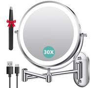 Auxmir 30X/1X Wall Mounted Makeup Mirror with Tweezer, 3200mAh USB Rechargeable Double-sided Magnifying Shaving Mirror with 3 Color Lights, 360° Swivel Bathroom Mirrors with Extendable Arm