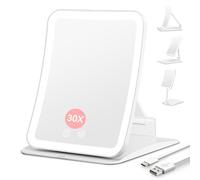 Auxmir 30X Magnifying Makeup Mirror with Light, 2000mAh Rechargeable Travel Mirror, Foldable Vanity Magnifier with 3 Light Colours, Adjustable Height & Angle, Portable for Makeup, Tweezing & Skincare