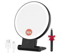 Auxmir 30X Magnifying Mirror, Double Sided 1X /30X Makeup Mirror with Light, Folding Lighted Rechargeable Beauty for Travel, Rotating 3 Color Lights, Dimmable Touch Screen, Black