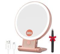Auxmir 30X Magnifying Mirror, Double Sided 1X /30X Makeup Mirror with Light, Folding Lighted Rechargeable Beauty for Travel, Rotating 3 Color Lights, Dimmable Touch Screen, Rose Gold