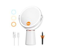Auxmir 30X Magnifying Mirror with Light, 2000mAh Rechargeable 30X/1X Double-sided Makeup Mirror with 3 Colors, Stepless Dimmable Standing Mirrors with Tweezer, 360° Rotating Vanity Mirrors for Bedroom