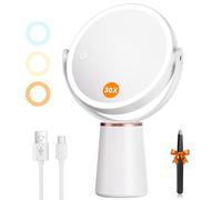 Auxmir 30X Magnifying Mirror with Light, Rechargeable 30X/1X Double-sided Makeup Mirror with 3 Color Lights, Stepless Dimmable Standing Mirrors with Tweezer, 360° Rotating Vanity Mirrors for Bedroom