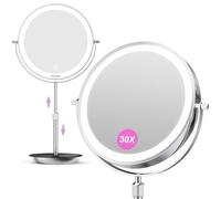Auxmir 30X Magnifying Mirror with Lights, 9'' Double Sided Makeup Mirror with Tweezer, Height Adjustable 3 Color Stepless Dimmable Mirrors, Rechargeable 360° Free Standing Vanity Mirrors for Bedroom