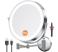 Auxmir 30X Wall Mounted Makeup Mirror with Tweezer, 5000mAh USB Rechargeable Magnifying Mirror, 10'' Double-sided Shaving Mirrors with 3 Color Lights, 360° Swivel Bathroom Mirrors with Extendable Arm
