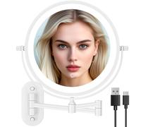 Auxmir 3200mAh Wall Mounted Makeup Mirror with Tweezer, 8" USB Rechargeable 1X/10X Double-sided Magnifying Shaving Mirror with 3 Color Lights, 360° Swivel Bathroom Mirrors with Extendable Arm, White