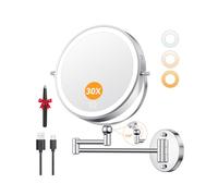 Auxmir 9'' Wall Mounted Lighted Makeup Mirror, 5000mAh Rechargeable Double Sided 30X/1X Magnifying Mirror, Height Adjustable, 360° Swivel Dimmable Shaving Mirror with Extendable Arm for Bathroom