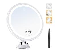 Auxmir Cosmetic Mirror with Lighting, 30x Magnification Makeup Mirror with Lighting and Strong Suction Cup, 3 Colour Modes, 8 Inch Dimmable Magnifying Mirror with Light, 360° Swivelling Shaving Mirror