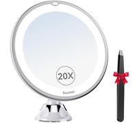 Auxmir LED Makeup Mirror, 20X Magnifying Cosmetic Mirror With Powerful Locking Suction Cup, 360° Rotating Daylight White Shaving Mirror with 2 Brightness Levels, Portable Illuminated Bathroom Mirror