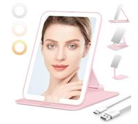 Auxmir LED Travel Makeup Mirror, Portable Vanity Mirror with Lights, Rechargeable Compact Mirror with Dimmable Touch Screen, Folding Beauty Mirror for Home and Travel, Pink