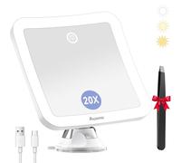 Auxmir Magnifying Mirror with Light, 20X Magnifying Lighted Makeup Mirror with Powerful Suction Cup and Tweezers, 360° Rotating 2000 mAh Rechargeable 3 Light Colors for Shaving, Bathroom, Travel