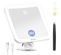 Auxmir Magnifying Mirror with Light, 30X Magnifying Lighted Makeup Mirror with Powerful Suction Cup and Tweezers, 360° Rotating 2000 mAh Rechargeable 3 Light Colors for Shaving, Bathroom, Travel
