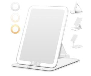 Auxmir Rechargeable Makeup Mirror, Portable LED Lighted Travel Mirror, Rotating Beauty Makeup Mirror with 3 Color Light, Dimmable Brightness, Foldable Tabletop Cosmetic Mirror for Home, Travel