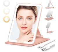 Auxmir Rechargeable Makeup Vanity Mirror, Portable Travel Mirror, 3 Color Lighting, Dimming Touch Screen, Folding Rotating Lighted Beauty Mirror with Stand for Home, Travel(Rose Gold)