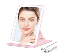 Auxmir Rechargeable Travel Vanity Mirror, Portable Makeup Mirror, 3 Color Lighting, Dimming Touch Screen, Folding Rotating Lighted Beauty Mirror with Stand for Home, Travel(Pink)