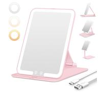 Auxmir Rechargeable Travel Vanity Mirror, Portable Makeup Mirror, 3 Color Lighting, Dimming Touch Screen, Folding Rotating Lighted Beauty Mirror with Stand for Home, Travel(Pink)