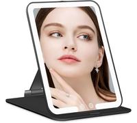 Auxmir Rechargeable Travel Vanity Mirror, Portable Makeup Mirror with 72 LED Lights, 3 Color Lighting, Dimmable Touch Screen, Folding Lighted Table Cosmetic Mirror with Stand for Home, Travel(Black)
